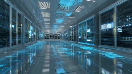 A high tech data center featuring digital displays and overlays, glowing interfaces in a sleek environment - Powered by Adobe