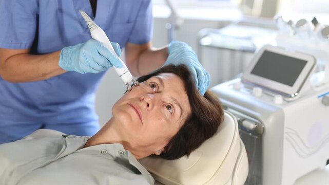 Aged female patient receiving facial radiofrequency procedure stimulating collagen production resulting in tightened and firmed skin. Modern hardware cosmetology