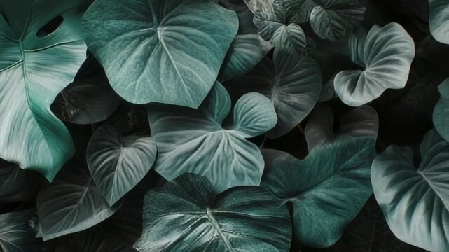 Lush, overlapping tropical leaves in cool, moody shades of teal and green