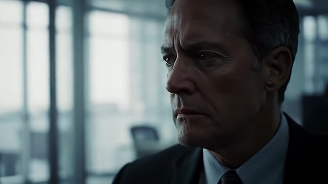 Serious face of a mature, worried man indoors, wearing a suit, looking to the side