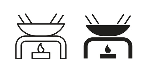 Fondue pot icon set in flat and line style vectors