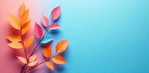 Fototapeta premium A vibrant artistic arrangement of multiple delicate leafy branches showcasing an enchanting spectrum of warm autumn-inspired hues and cool refreshing tones against a serene pastel backdrop