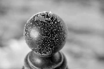Black and white photograph, ice crystals and snowflakes 