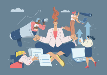 Woman meditating in office, Stress relief and mental balance at work. Vector design illustration.