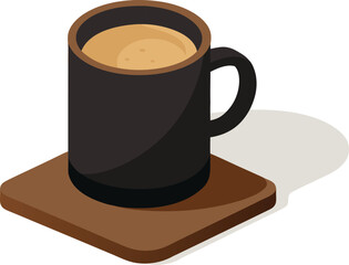 Dark ceramic mug filled with creamy frothy coffee on wooden coaster