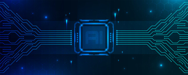 Futuristic AI technology background with glowing blue digital circuit lines and data flow network representing artificial intelligence, machine learning, and innovation systems.