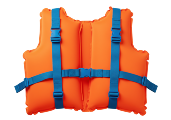 Isolated Orange Floatation Vest - Safety Swimming Life Preserver with Blue Adjustable Straps