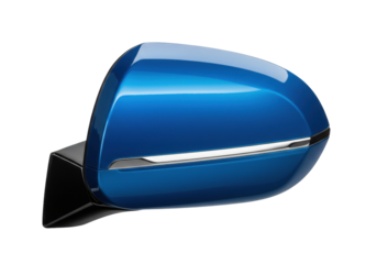 Isolated blue side mirror of car with silver trim for transportation equipment design