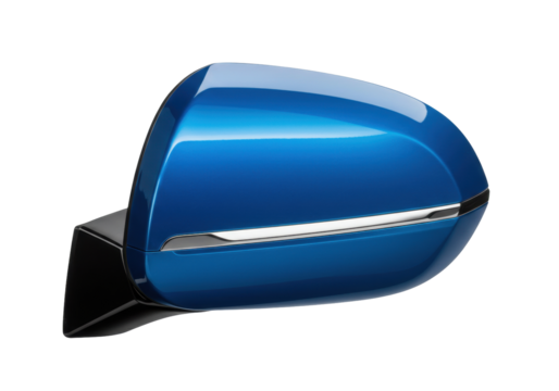 Isolated blue side mirror of car with silver trim for transportation equipment design