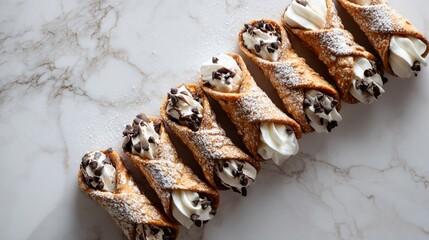 Obraz premium Cannoli arranged in diagonal pattern, marble background, soft shadows, modern minimalism, copy space