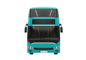 Isolated turquoise double-decker bus, public transportation vehicle, front view on light backdrop