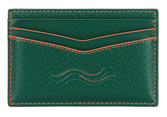 Isolated green leather cardholder with orange stitching for business or credit cards