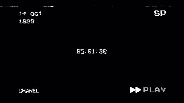 Vintage VCR Black Screen Overlay with 1999 Time Code, Tracking Distortion, and Retro VHS Glitch Effect Motion Graphic Loop