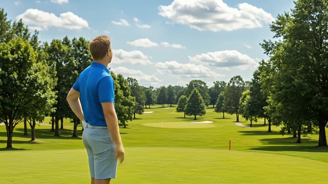 Golfer In Blue Shirt Checks Phone on Sunny Golf Course Background