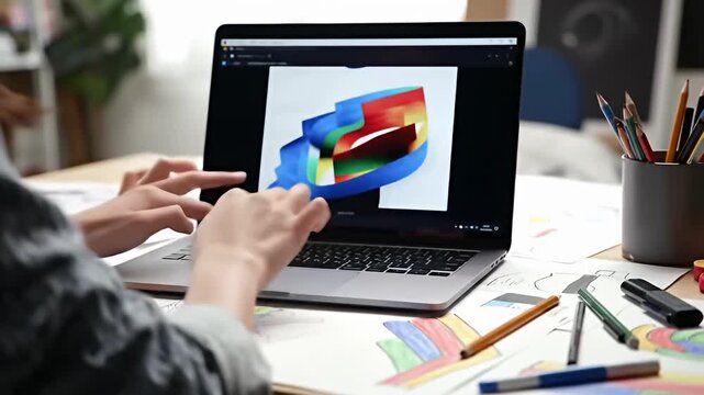 Person edits colorful digital painting on laptop at a desk with drawing supplies