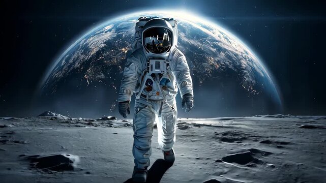 An astronaut explores the lunar surface, walking towards the camera, while Earth shines brightly in the background against a dark night sky