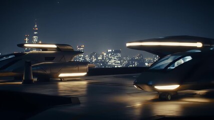 Futuristic vehicles await on a rooftop helipad overlooking a city skyline at night - Powered by Adobe