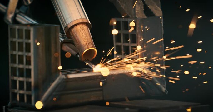 Laser welding machine. Shot on super slow motion camera 1000 fps. Laser welding is shown in close-up