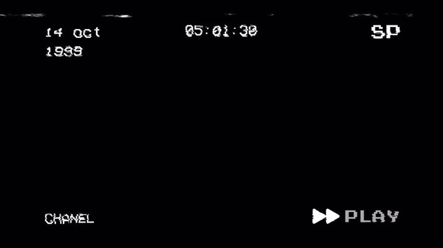 Black Screen VHS Camcorder OSD Overlay Loop with 1999 Date, Timecode, and Play Status. Vintage Analog Glitch Effect Motion Graphic Background