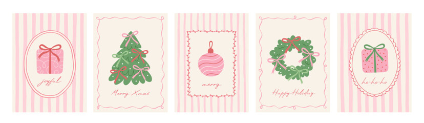Merry Christmas vintage greeting card set. Xmas elegant design with hand drawn Christmas tree, bows, holiday wreath, gifts, and whimsical lines frames. Vector modern poster, background, cover, banner. © Anna Bova