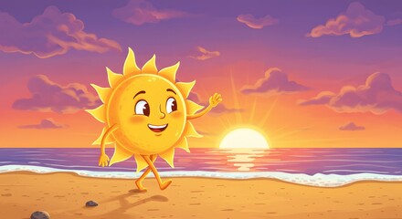 Animated sun character waving on a beach during a sunset with ocean waves and clouds