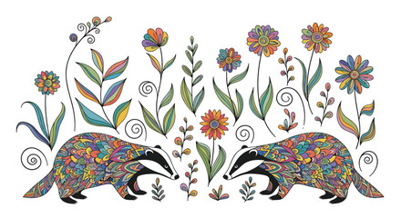 Two charming badgers amidst a vibrant floral meadow in a whimsical folk art style.