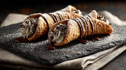 Obraz premium Cannoli on slate serving board, styled with linen napkin, soft side lighting, copy space