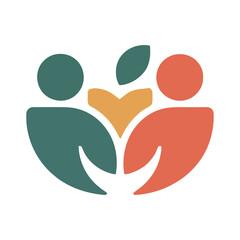 Abstract illustration of two people connected by a heart and leaves symbolizing community support and growth in a caring and nurturing environment fostering togetherness and wellness