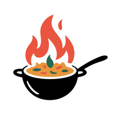 Pizza cooking with flames in a pan illustration representing culinary arts and delicious food preparation for restaurant menus and cooking blogs with a modern minimalist style