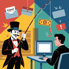 Man in a tuxedo phishing a computer user with a fishing rod and money as bait representing online scams and cybersecurity threats in a colorful and conceptual illustration about digital safety