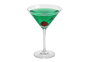 Green cocktail in martini glass with cherry isolated on transparent background, refreshing alcoholic drink PNG