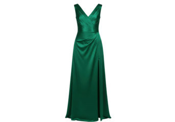 Isolated long emerald green dress. Elegant party gown with a slit on a no-background image