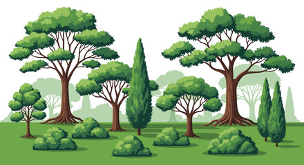 A diverse collection of lush green trees and shrubs arranged in a serene landscape.