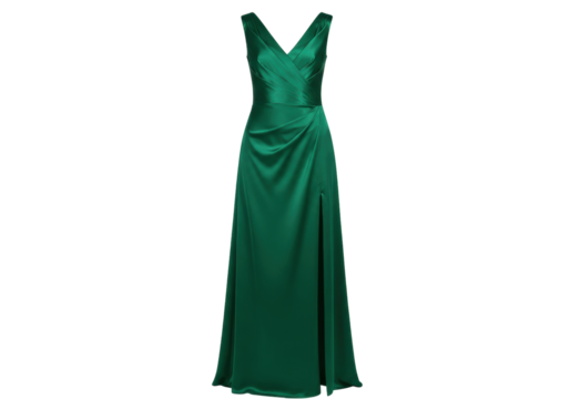Isolated long emerald green dress. Elegant party gown with a slit on a no-background image