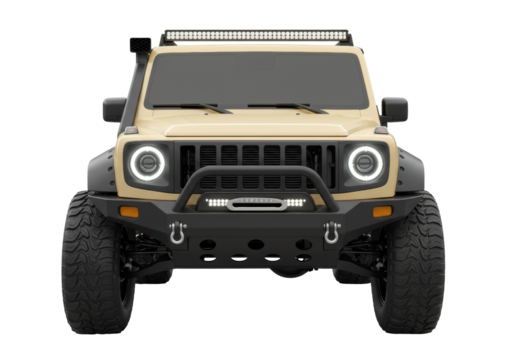 Tan off-road vehicle isolated on transparent background, modified SUV with custom bumper and LED lights for adventure and recreation