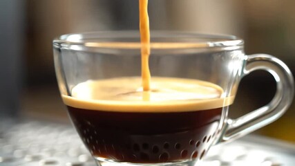 Espresso Coffee Being Poured Into A Clear Glass Cup.