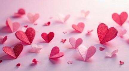 A charming display of delicate paper hearts in various shades of pink and red, beautifully scattered across a soft, gentle background, evoking feelings of sweet affection and warm memories.