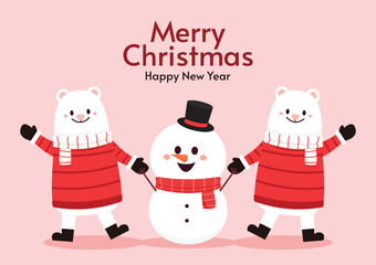 Funny happy White bear and Snowman character with gift, Waving and greeting. Cartoon Christmas illustrations vector. For Christmas cards, banners.