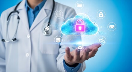 Doctor holding a glowing digital cloud with a padlock symbol representing secure cloud computing in healthcare and medical data protection