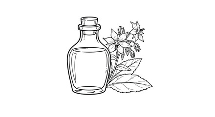 Aromatic botanical extract in a glass bottle with plant sprigs.