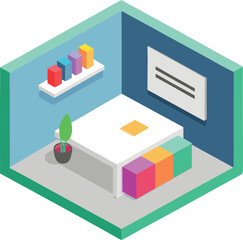 Isometric office corner illustration featuring desk chairs plants and shelves scalable vector art