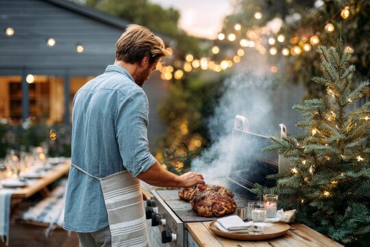 Carefree Australian barbecue during Christmas in a backyard setting with festive lights and cooking meat