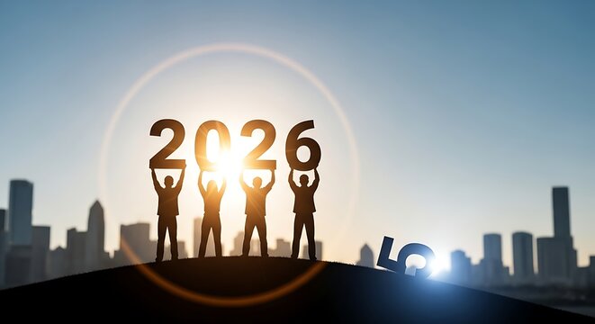 silhouette of a man with city skyline happy new year 2026