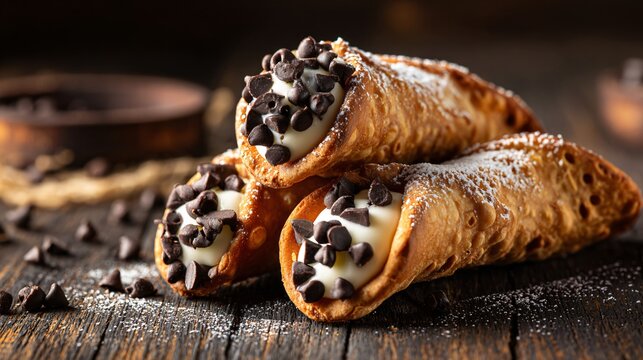 Close-up of cannoli filling with chocolate chips, dark rustic wood background, warm tones, copy space - Powered by Adobe
