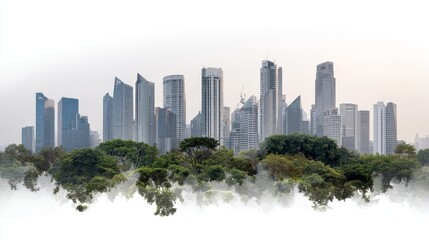 Fototapeta premium Urban skyline double exposure blending towering skyscrapers with lush dense forest canopy, symbolizing harmony between city life and nature, with ample copy space on the right side