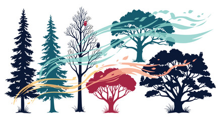 A stylized forest illustration with a variety of trees in different colors and styles.