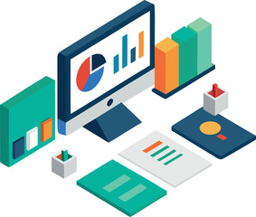 Isometric office workstation with dual monitors and charts vector graphic illustration