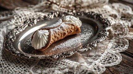 Naklejka premium Single cannoli on elegant silver tray, rustic lace cloth backdrop, vintage styling, copy space