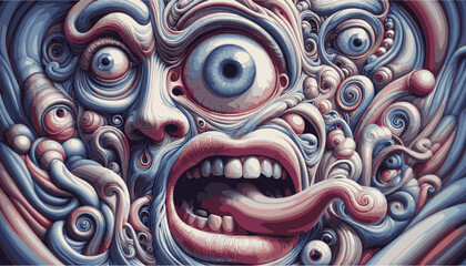 A vibrant, kaleidoscopic close-up of a distorted face composed of twisting tubes, swirls and eyeballs. The image conveys surreal energy, whimsy, and intense emotion