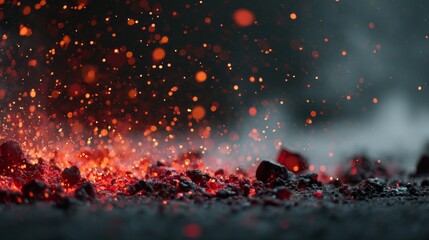 Intense burst of glowing embers and swirling sparks against a dark background capturing explosive energy with vibrant fiery colors and dynamic motion